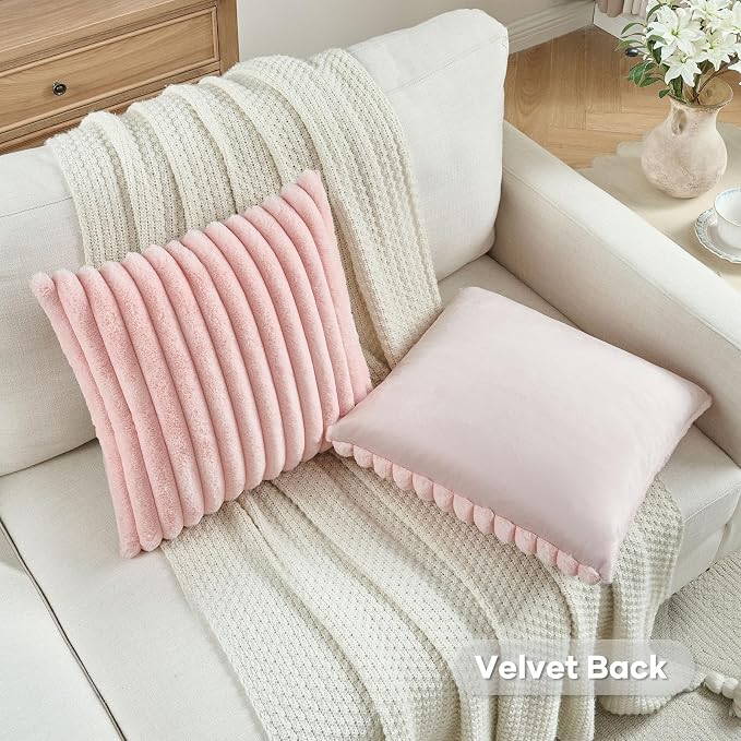 FUTEI Pack of 2 Faux Fur Throw Pillow Covers 20x20 Inch, Pink | Fluffy Faux Rabbit Fur Front/Premium Velvet Back,Hidden Zipper,Machine Washable,Non-Shedding,Colorfast,Insert Not Included.