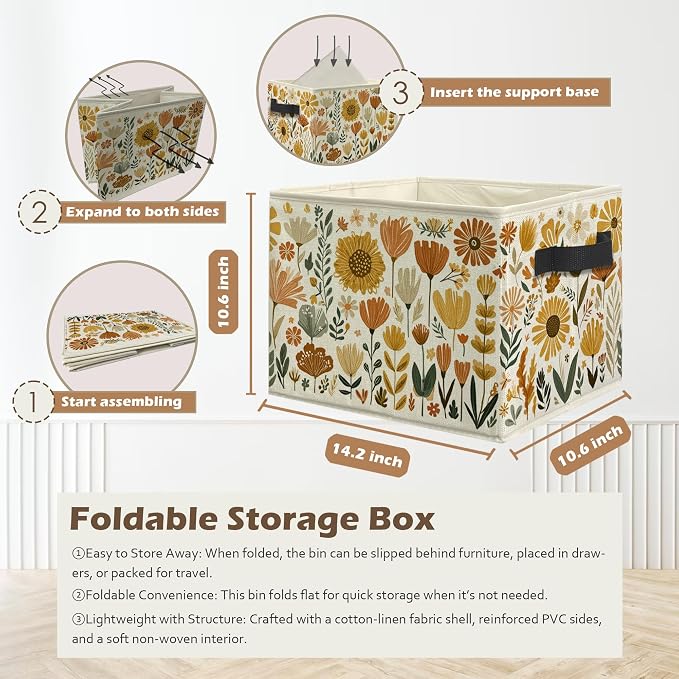 Boho Floral Storage Box Bins, Cottagecore Country Wildflower Botanical Collapsible Storage Basket Organizer for Bedroom Laundry Room Home Clothes Books, Decor for Room