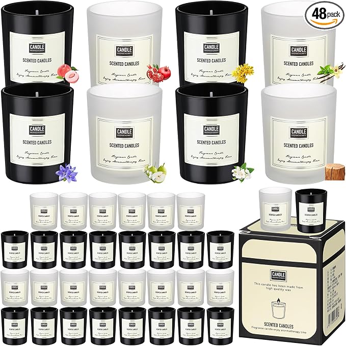 MTLEE 48 Pcs Scented Candles Bulk End of Year Teacher Thank You Gift Candles Wedding Aromatherapy Soy Wax Jar for Birthday CNA Week Appreciation Staff Coworker Guest Favor(Black, White)