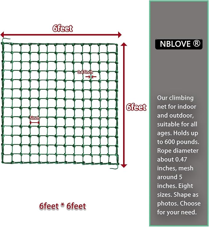 Outdoor & Indoor Premium Climbing Net - 8 Sizes Polyester Fiber. Easy Install with Extras. Handcrafted & Practical. Ideal Gift. (6ft x 6ft)