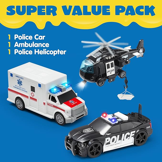 JOYIN Toddler Truck Toys for 3 4 5 6 7 Year Old Boys - Police Car Toy Set, Emergency Vehicle Playset, Friction Powered Car with Lights and Sounds, Christmas Birthday Gifts for Boys Girls Age 3-9