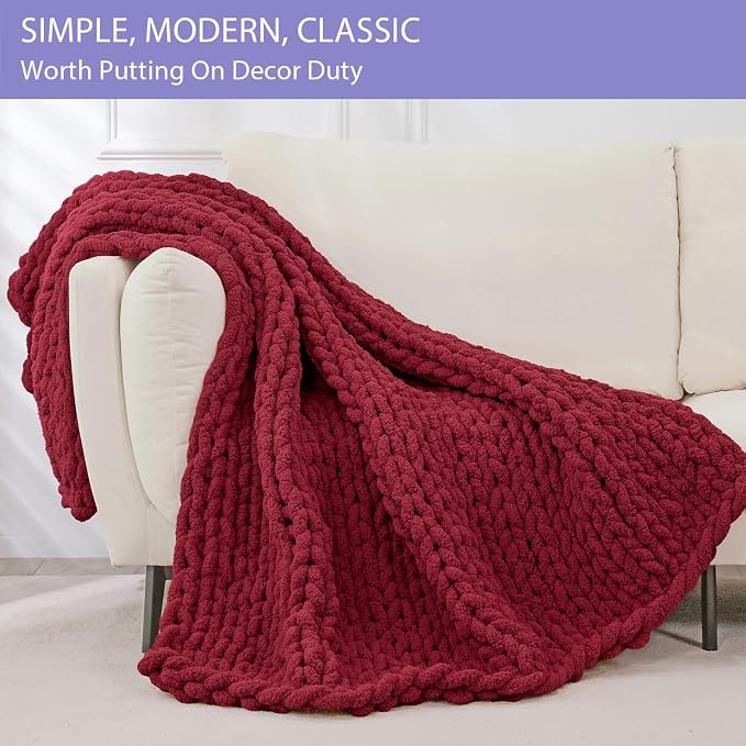 Bigacogo Chunky Knit Throw Blanket for Couch, 40x60 inches, Red | Hand Knit with Jumbo Chenille, Soft Breathable Cable Knit for Sofa Bed Living Room, Machine Washable, Gift for Mom Friend