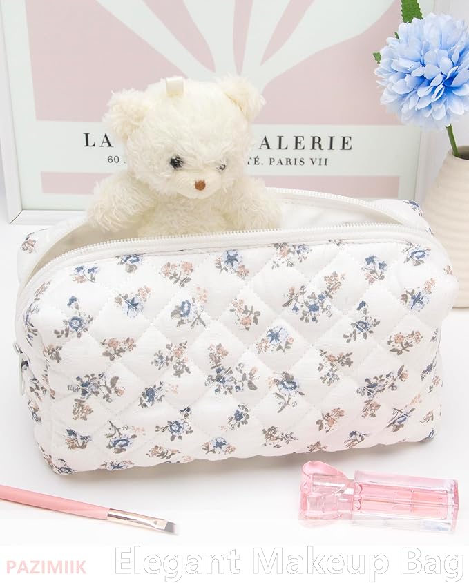 PAZIMIIK Small Quilted Makeup Bag,Zipper Cosmetic Pouch,Gauze Hyacinth | Lightweight Cosmetic Bag Organizer for Women,Purse Storage Holds Makeup,Toiletries,Skincare,Beauty Essentials,Travel Items