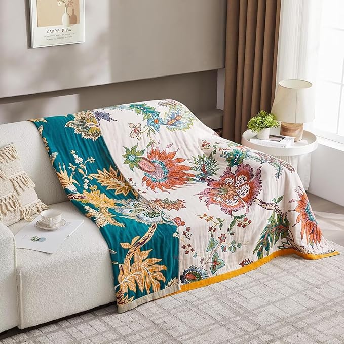 Boho Throw Blanket for Bed 100% Cotton Bohemian Blankets Ultra Soft Woven Muslin Decorative Blankets All Seasons Vintage Quilt Knitted Blanket for Sofa Chair(Beige, 90"x98")