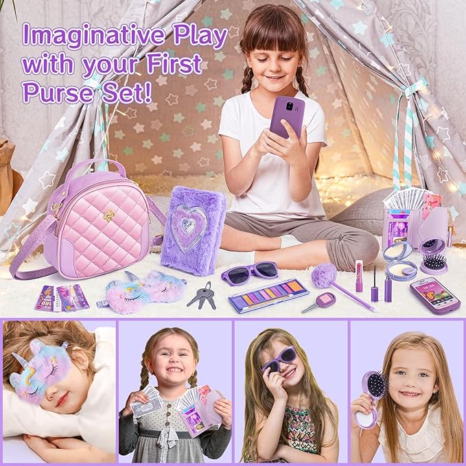 Little Girl Purse Accessories, My First Purse Set - Play Makeup Princess Plush Diary Unicorn Eye Mask Wallet Phone Pretend Credit Cards Kids Pretend Play Christmas Toy Gift for Girl Age 3+