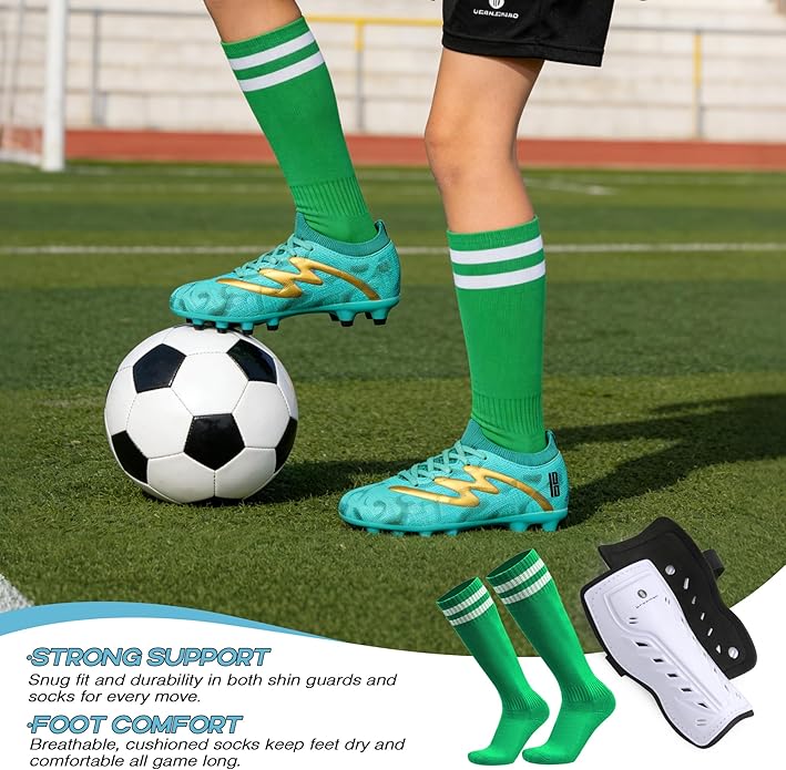 brooman Kids Firm Ground Soccer Cleats Boys Girls Football Shoes with Shin Guards and Soccer Socks