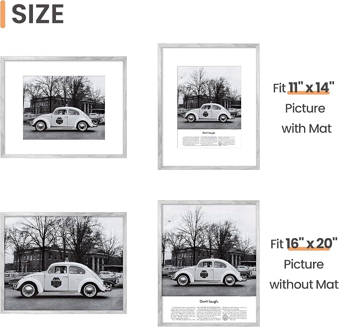 upsimples 16x20 Picture Frame, Display Pictures 11x14 with Mat or 16 x 20 Without, Wall Hanging Poster Frame, Gray, 1 Pack