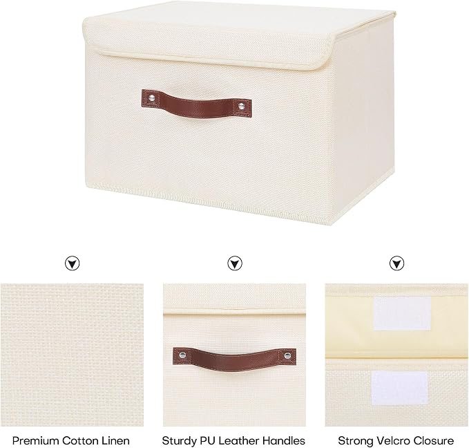 ANMINY Fabric Storage Box Bins with Lids, Beige, 13"x9"x7.9", 2 Pack | Keepsake Memory Storage, Cotton Linen, PP Board Reinforced, Washable, PU Handles, Foldable & Stackable, Decorative, Medium