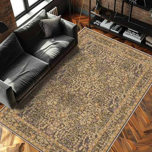 5x7 Washable Area Rugs for Living Room, Stain Resistant Vintage Rugs for Dining Room Under Kitchen Table, Bedroom, Floral Low Pile Non-Slip Large Carpet (5 x 7 Goldenrod)