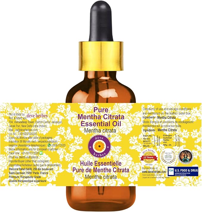 Deve Herbes Pure Mentha Citrata Essential Oil (Mentha citrata) with Glass Dropper Steam Distilled 10ml (0.33 oz)