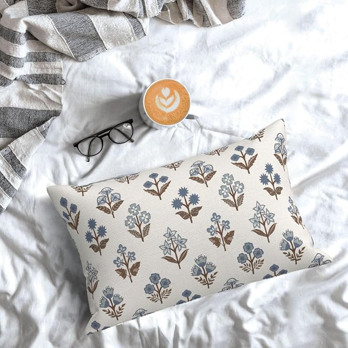 Brown Blue Pillow Covers 12x20 Inch Set of 2 Boho Block Print Floral Throw Pillows Vintage Flower Decorative Pillow Cases Outdoor Linen Farmhouse Cushion Cover for Couch Sofa Bed Decor