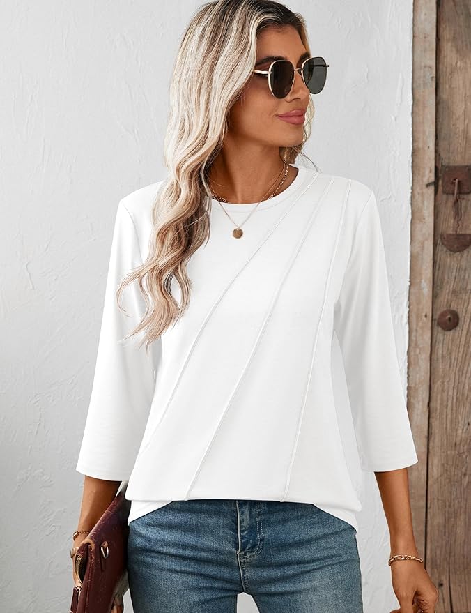 LOMON 3/4 Length Sleeve Womens Tops Spring Summer Fashion 2026 Tops Crew Neck Pleated Shirts Tunic Top Loose Fit