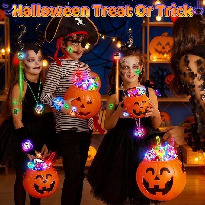 Halloween Party Favors for Kids, 72 Light Up Rings Necklaces Temporary Tattoos Rotating Bracelets Hair Lights, Halloween Trick or Treat Toys Gifts, Goodie Bag Stuffers, Halloween Toys Prizes Bulk