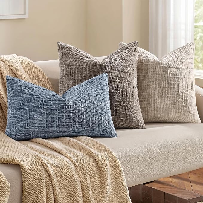decorUhome Textured Chenille Throw Pillow Covers 20x20 Set of 2 Grey Blue | Fall Modern Farmhouse Soft Cozy Slubby Couch Pillow Cases Boho Decorative Pillow Cases for Bed Sofa Living Room Home Decor