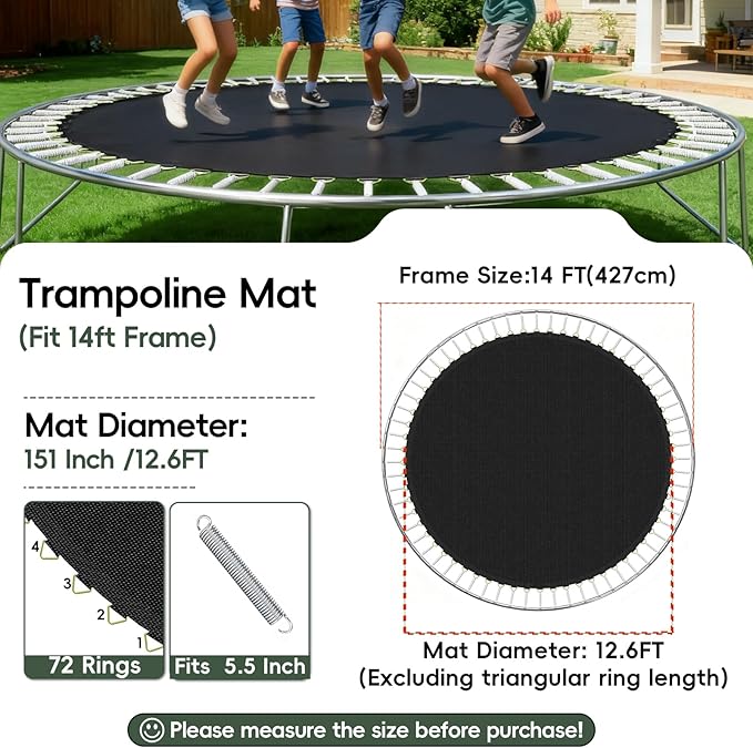 Trampoline Mat Replacement,12.6ft Diameter Mat with 72 Rings,Fits 14ft Trampoline and 5.3-5.7“ Spring (Frame & Spring Not Include)