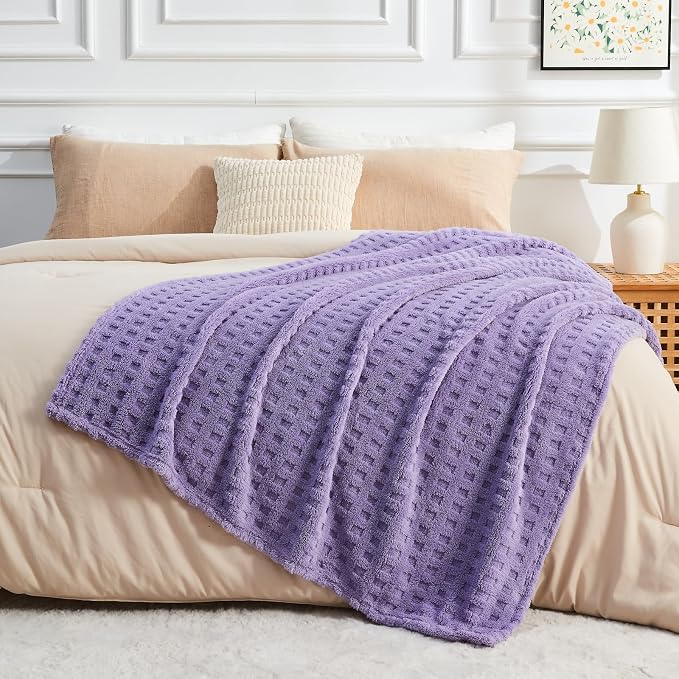 NEWCOSPLAY 3D Waffle Checkered Flannel Queen Blanket, Lavender, 90"x90" | Super Soft Cute Lightweight Decorative Premium Silky Fleece Blanket for Couch Sofa Bed, Gift for Women Men, All Season Use