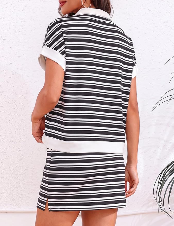 Womens Striped 2 Piece Outfits Skirt Set Summer Casual Short Sleeve Polo Skort Workout Set Matching Lounge Sets