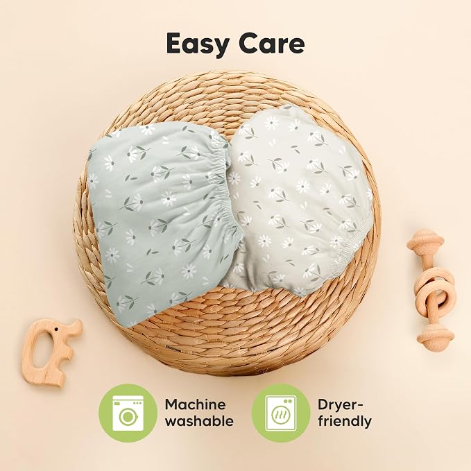 Pack and Play Sheets Fitted - 2-Pack Mini Crib Sheets for Pack N Play Mattress 38x26, Soft & Cozy, Neutral Toddler Playard Bedding, Snug Fitted Mini Baby Crib Mattress Cover Boy, Girl (Daisies)