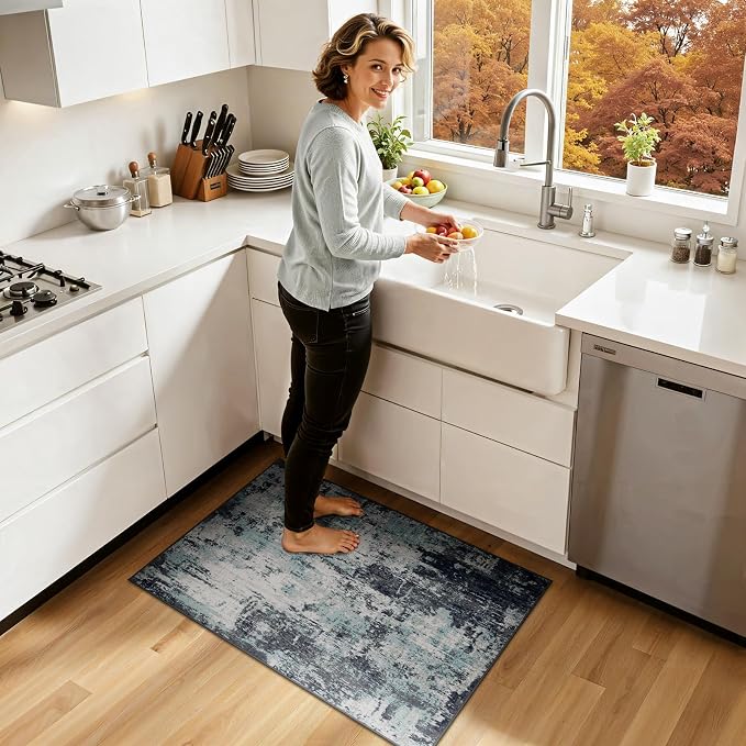 RELEANY Washable Area Rugs 2'x3' Non-Slip Modern Abstract Soft for Living Room Entryway Bedroom Kitchen, Print Pattern, Blue Black Teal