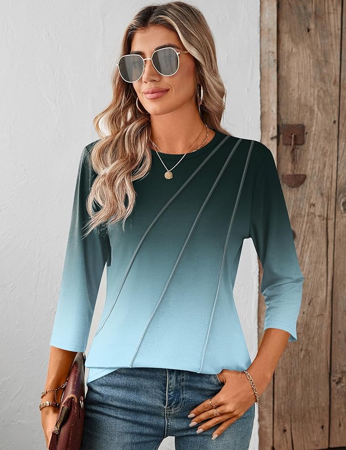 LOMON 3/4 Length Sleeve Womens Tops Spring Summer Fashion 2026 Tops Crew Neck Pleated Shirts Tunic Top Loose Fit
