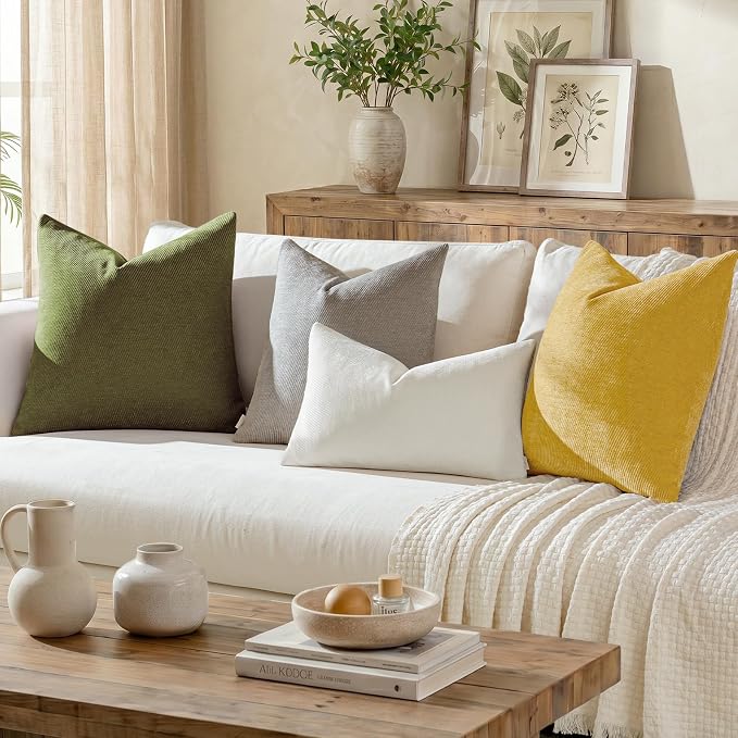 Fall Decorative Throw Pillow Covers Pack of 2,20x20 Inch Mustard Yellow | Twill Chenille Cushion Covers for Sofa Living Room Couch Bed