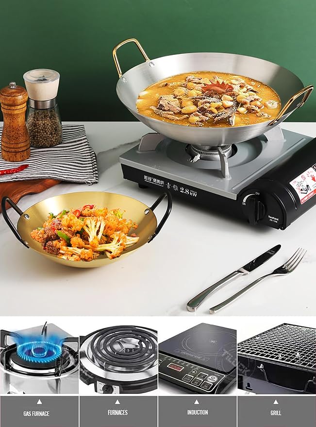 Korean Ramen Noodle Pot with Handles, Golden Pot Frying Pan Ramyun Pot Ramen Noodles Pan Soup Pan Seafood Making Seafood Pot Cooking Utensil Stainless Pot Golden Ramen Pot,Silver,11.in