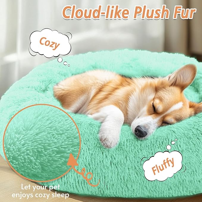 JOLLYVOGUE Calming Dog & Cat Bed for Small Dogs, Anti-Anxiety Donut Cuddler Cozy Soft Round Bed with Anti-Slip Bottom, Fluffy Faux Fur Plush Cushion Beds for Small Medium Pets (23")