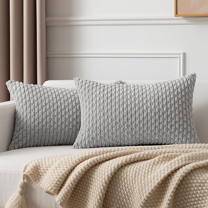 Kevin Textile Soft Corduroy 12"x20" Lumbar Pillow Cover 1 Pack, Light Grey | Boho Stripe Plush Corduroy Decorative Oblong Cushion Cover Modern Farmhouse Home Decor for Sofa Couch Bed Chair