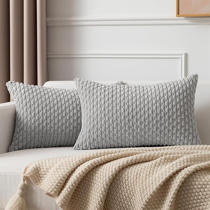 Kevin Textile Soft Corduroy 12"x24" Lumbar Pillow Cover 1 Pack, Light Grey | Boho Stripe Plush Corduroy Decorative Oblong Cushion Cover Modern Farmhouse Home Decor for Sofa Couch Bed Chair