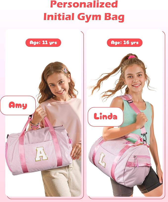 Gifts for Teenage Girl, Girls Travel Duffle Bag, Kids Initial Overnight Bags with Shoe Compartment, Personalized Weekender Bag with Makeup Pouch, Girly Cute Stuff Trip Essentials (Letter J)