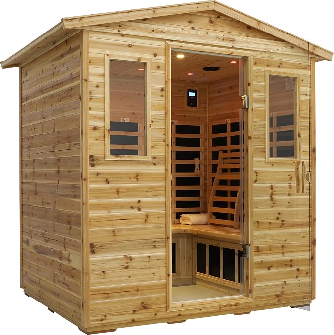 LTCCDSS Outdoor Far Infrared Sauna 5 Person, Low EMF Sauna Room for Home, Low EMF Heaters | Chromotherapys | Bluetooth Speakers | Canadian Hemlock | 81.1 * 60.6 * 83.5 in
