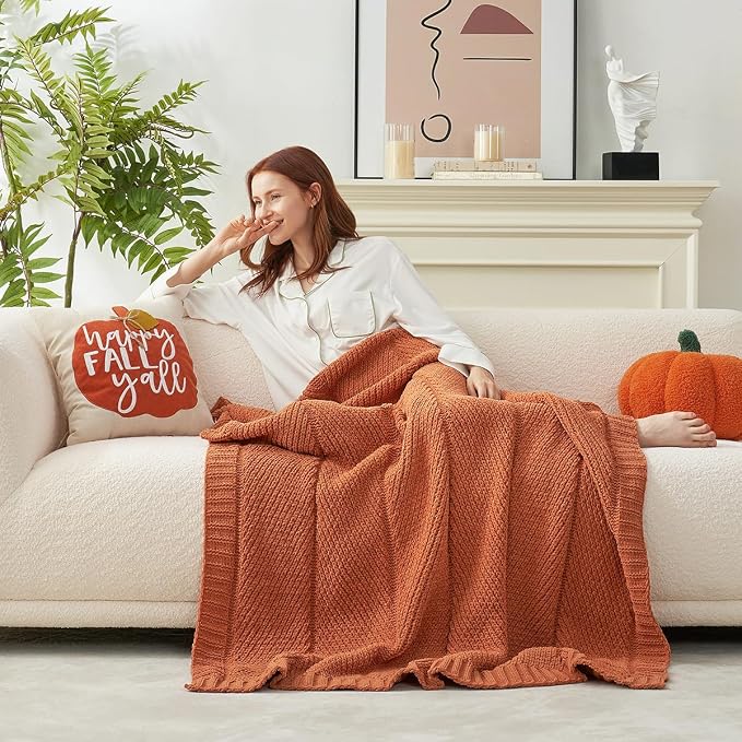 Knit Throw Blanket, Soft Chenille Cozy Breathable Chevron Chunky Decorative Blanket for Couch, Bed & Sofa, French-Inspired Lightweight Warm Gift for Women, Orange, 50"x60"