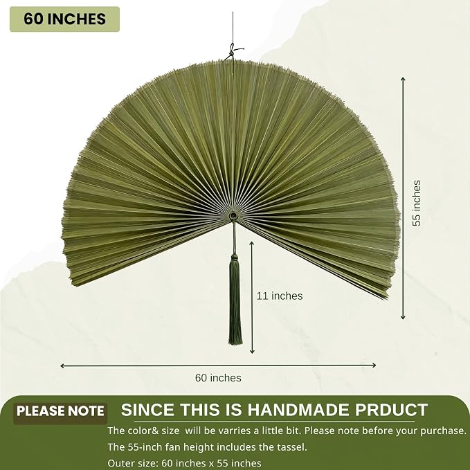 ChumDecor Bamboo Fan Wall Decor, Japanese Wall Fan Art, Army Green 60 in | Large Bamboo Fan Wall Art For Boho Hanging Headboard And Above Bed Decor Giant Japanese Style Folding Fan Easy To Hang