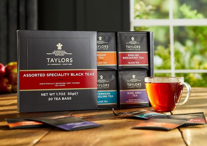 Taylors of Harrogate Assorted Specialty Black Teas Sampler, Variety Gift Box, Individually Wrapped Bags, 20 Count (Pack of 2), English Breakfast, Earl Grey, Assam, and Afternoon Darjeeling, Caffeinated, Enjoy Hot or Iced, 20 Teabags