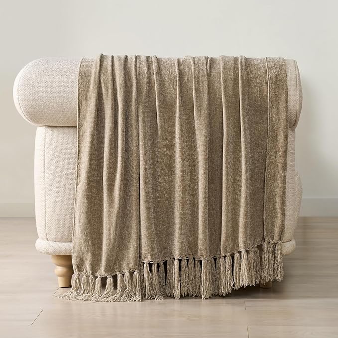 Chenille Knit Throw Blanket for Couch, 50"x60", Beige | Cozy Plush Fuzzy Knittd Throw with Tassels, Lightweight, Decorative, Farmhouse Decor, Ideal for Bed Sofa Gift, All Seasons