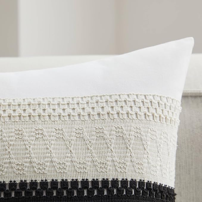 2pk Boho Pillow Covers 24x24, Natural White/Contrast/Black | 100% Organic Cotton Body, Stripe Embroidery, Farmhouse Decorative Cushion Covers for Sofa Bed Living Room Home Decor