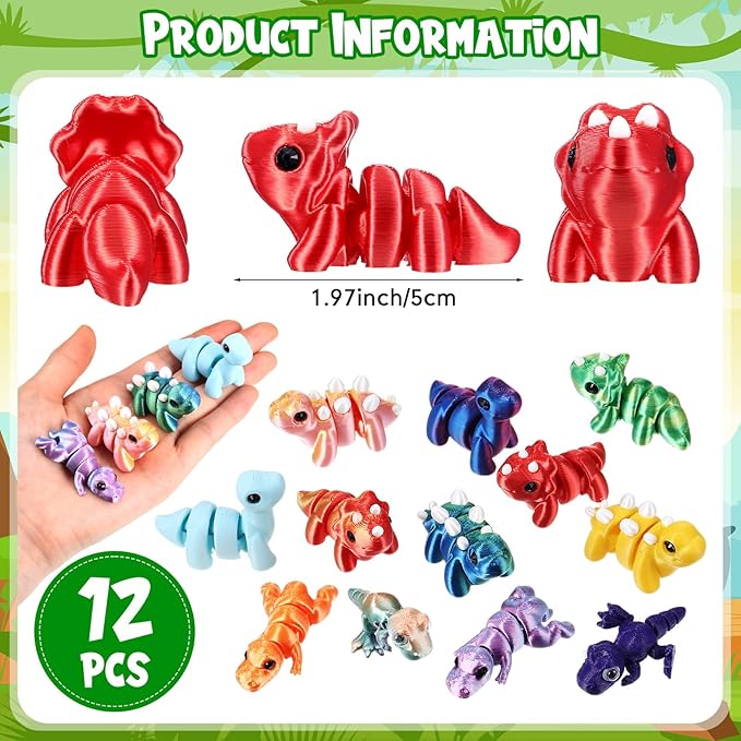 Honoson 12 Pcs 3D Printed Fidget Toy 3D Printed Dinosaur Small Animal Toy Flexible Cute Articulating Pet Stress Relief Fidget Toys for Play and Display(5cm)