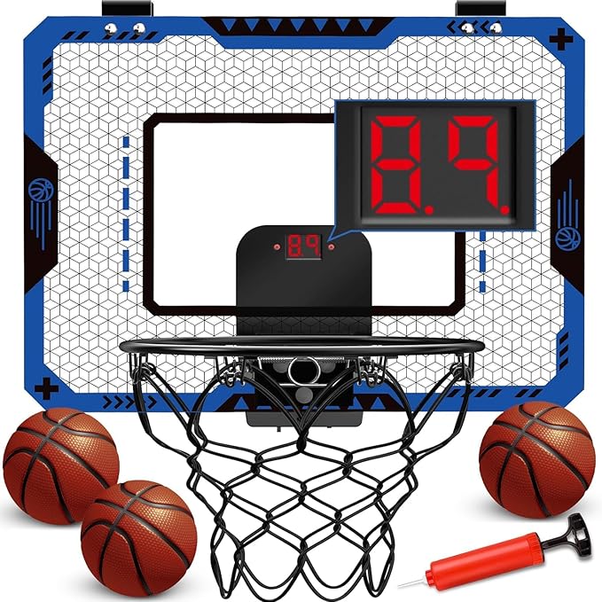 Indoor Basketball Hoop for Kids Age 5-10, with Electronic Scoreboard & 3 Balls - Over The Door Mini Hoop for Boys' Birthday