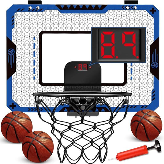 Indoor Basketball Hoop for Kids Age 5-10, with Electronic Scoreboard & 3 Balls - Over The Door Mini Hoop for Boys' Birthday