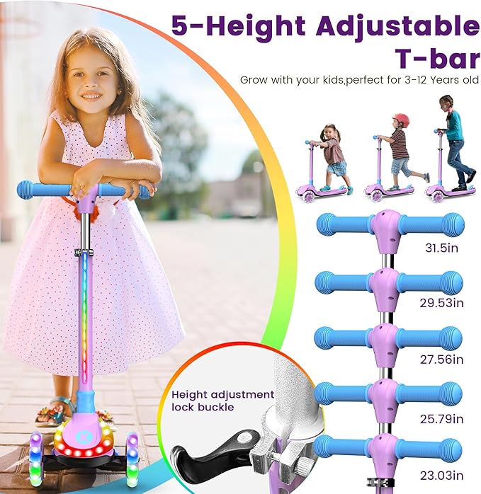 2-in-1 Adjustable Kick Scooter for Kids 3-5 (Suitable 3-12 Years),5-Level Handlebar & Removable Seat, LED Light-Up Wheels, Wide Deck, Foldable Design for Indoor/Outdoor Use - Girls & Boys
