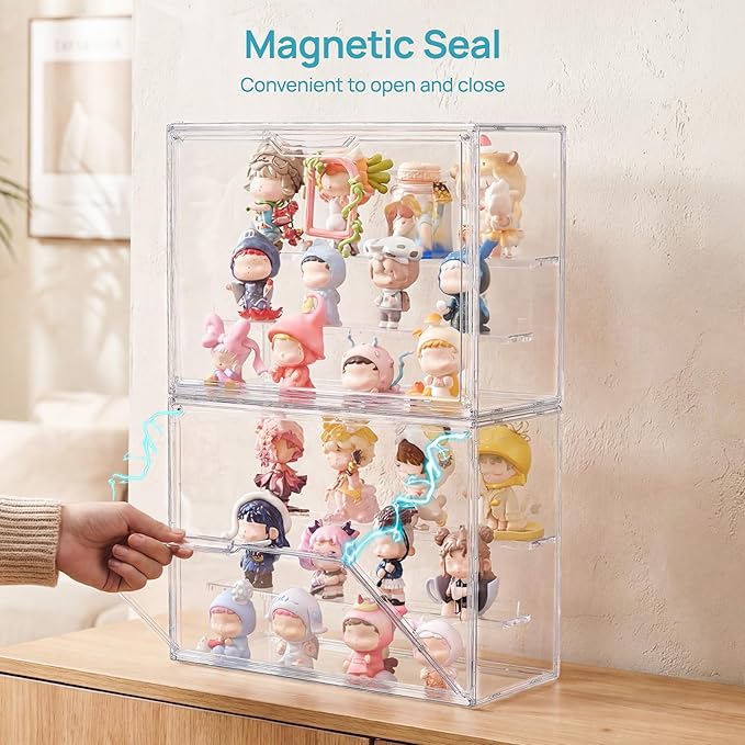 Vtopmart 4 Pack Acrylic Display Case, Stackable Figure Display Case with Magnetic Door & Adjustable Shelves, Clear Collectibles Showcase for Action Figures, Miniatures, Models