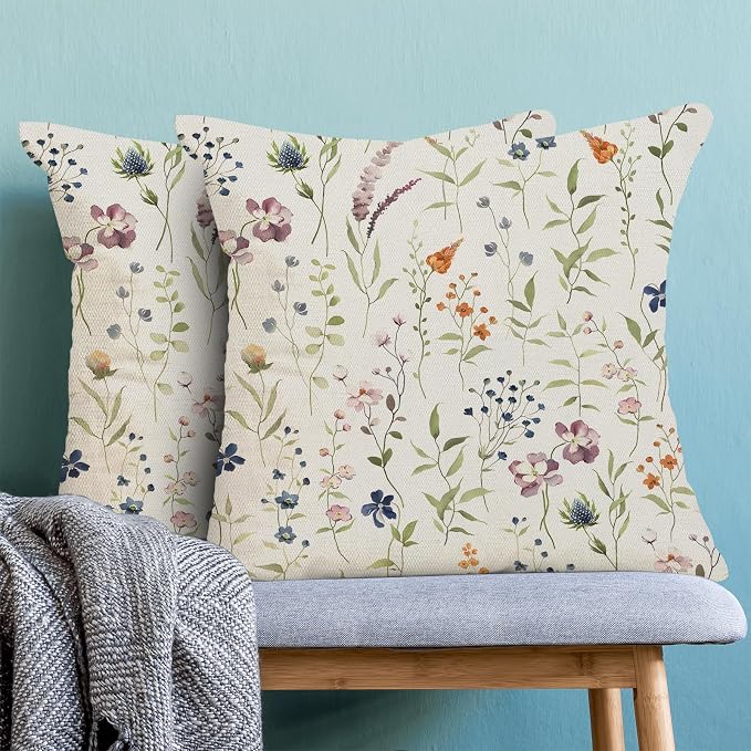 AEIOAE Spring Pillow Covers 18x18 Inch Set of 2, Sage Green Colorful Wild Flower Throw Pillows Case,Seasonal Floral Plant Outdoor Decorative Farmhouse Decor Cushion Covers for Sofa Bed Couch