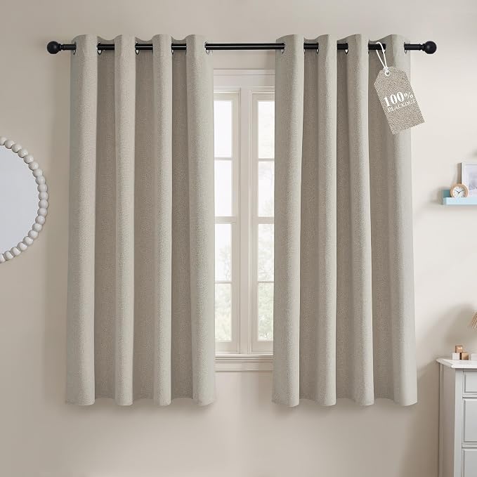NICETOWN 100% Blackout Curtains 63 inches Long for Bedroom, Crisp Faux Linen Shield for Living Room 2 Panels, Noise Reducing & Energy Efficient, Keeping Out Cold Air and Heat, W52 x L63, Natural