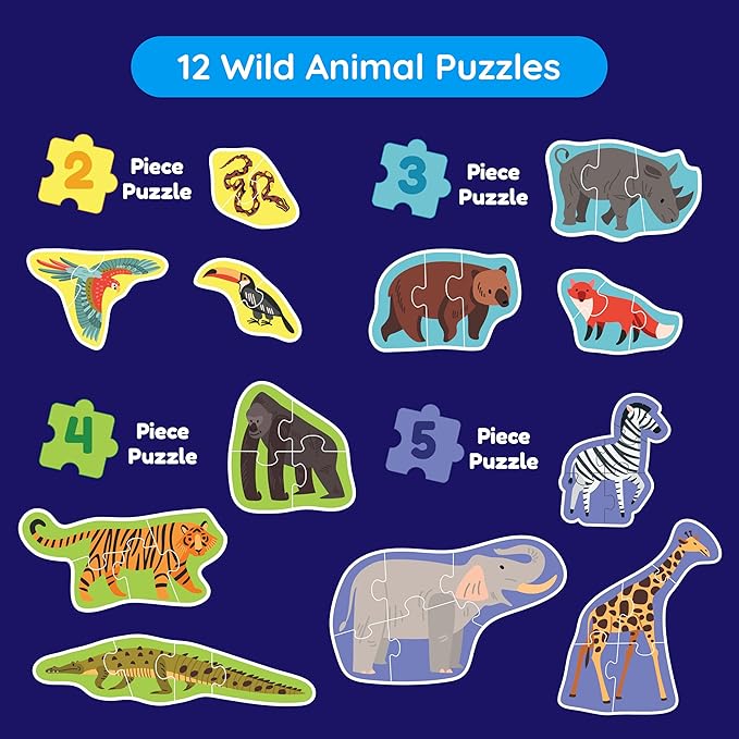 My First Puzzle | Montessori Puzzle Toy | 12 Graded Wild Animals Puzzle | Activity Puzzle for Early Learners | 2 to 5 Piece Puzzle Set for Toddlers | Puzzle for 3+ Year Old Kids