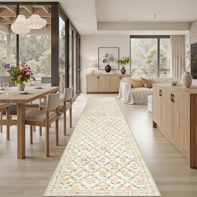 Runner Rug for Entryway: 2.6x14 Kitchen Rugs Non Slip Washable Ultra-Thin Soft Floral Carpet Indoor Floor Stain Resistant Carpets for Hallway Bedroom Kitchen Laundry Bathroom Dorm Beige/Multi