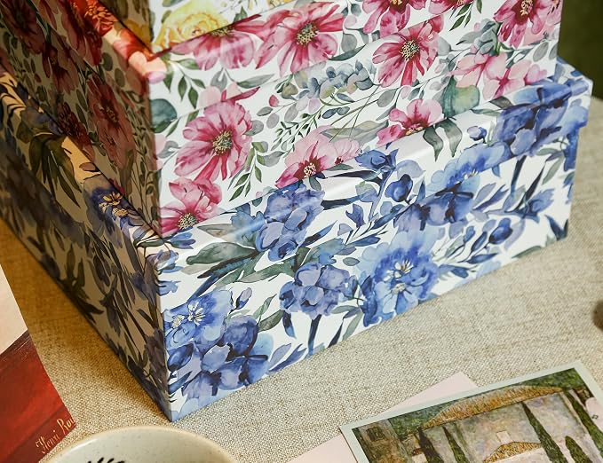 3-Piece Decorative Storage Boxes with Lids, Watercolor Floral Design Inspired by Garden Blooms, Cardboard Keepsake Box Set, Photo & Memory Storage for Home Decor and Modern Organization