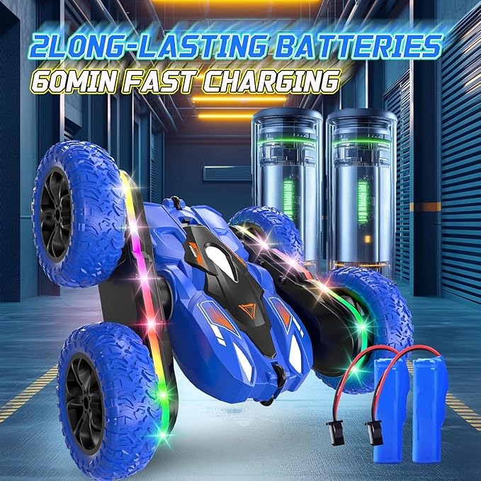 Remote Control Car for Kids, 2.4GHz 4WD Stunt RC Car with Double-Sided 360° Flips, Rechargeable LED Light Off-Road Toy Car for Boys Girls Ages 6-12