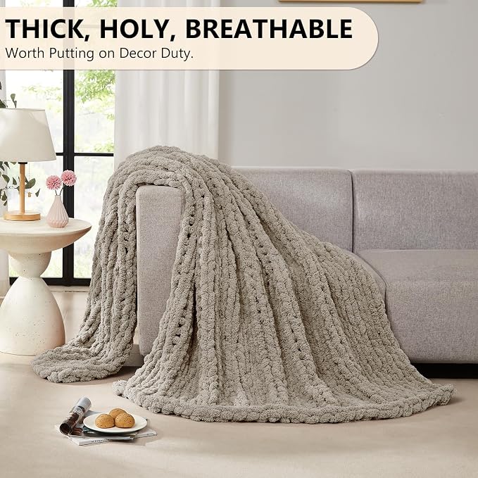 L'AGRATY Chunky Knit Throw Blanket for Couch, 50 x 60 Inches, Light Linen | Handmade Chenille Crochet Blanket for Sofa Bed, Thick Cable Knitted Blankets for Room Home Decor, Birthday Gift for Women Mom