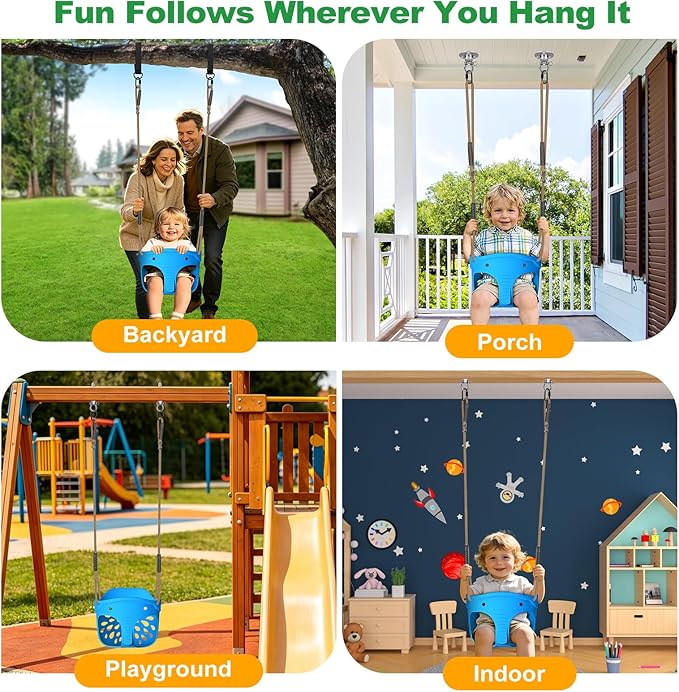 SELEWARE High Back Full Bucket Toddler Swing Seat, Heavy Duty Toddler Swing Set Accessories, Soft Plastic Elephant Baby Swing with Adjustable Rope & Locking Carabiners for Outdoor Playground, Blue