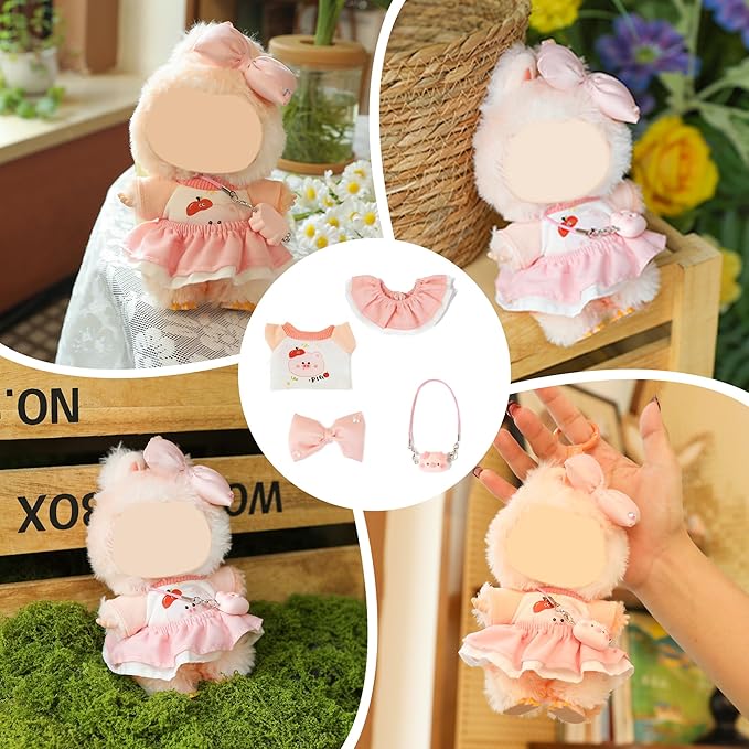 Clothes for Labubu Doll,6.7 Inch Doll Clothing Set - 4 Pieces of Handmade Clothes and Accessories for 17cm Plush Toy - Pink and White Colorblock Piglet Top + Pink Tutu Skirt + Bow Tie